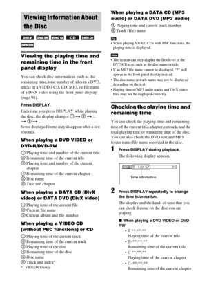 Page 4646GB
Viewing the playing time and 
remaining time in the front 
panel display
You can check disc information, such as the 
remaining time, total number of titles in a DVD, 
tracks in a VIDEO CD, CD, MP3, or file name 
of a DivX video using the front panel display 
(page 98).
Press DISPLAY.
Each time you press DISPLAY while playing 
the disc, the display changes 1 t 2 t ... 
t 1 t ...
Some displayed items may disappear after a few 
seconds.
When playing a DVD VIDEO or 
DVD-R/DVD-RW
1 Playing time and...