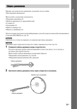 Page 1313RU
Начало работы
Прежде чем подключать динамики, установите их на стойки.
(Для передних динамиков)
Используйте следующие компоненты.
• Передние динамики (2)
• Кабели динамиков (2, красный/белый)
• Стойки (2)
• Основания (2)
• Винты (черные) (4)
• Винты (с шайбами) (4)
Для получения дополнительной информации о способе подключения кабелей динамиков 
к гнездам SPEAKER см. стр. 20.
• Застелите пол, чтобы не повредить его покрытие при сборке динамиков.
• Динамики также можно использовать без стойки,...