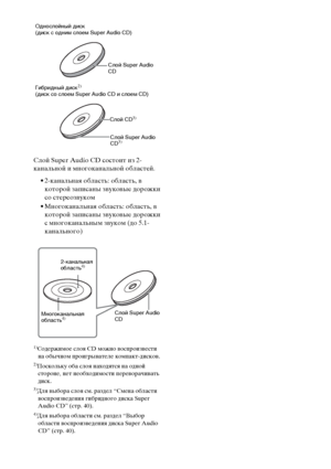 Page 134134RU
Слой Super Audio CD состоит из 2-
канальной и многоканальной областей.
• 2-канальная область: область, в 
которой записаны звуковые дорожки 
со стереозвуком
• Многоканальная область: область, в 
которой записаны звуковые дорожки 
с многоканальным звуком (до 5.1-
канального)
1)Содержимое слоя CD можно воспроизвести 
на обычном проигрывателе компакт-дисков.
2)Поскольку оба слоя находятся на одной 
стороне, нет необходимости переворачивать 
диск.
3)Для выбора слоя см. раздел “Смена области...