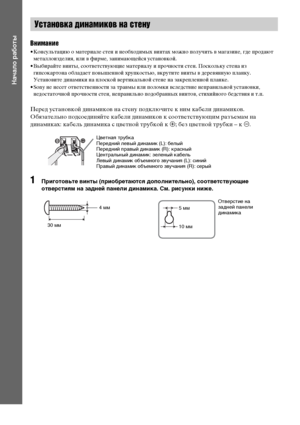 Page 1818RU
Начало работы
Внимание
• Консультацию о материале стен и необходимых винтах можно получить в магазине, где продают 
металлоизделия, или в фирме, занимающейся установкой.
• Выбирайте винты, соответствующие материалу и прочности стен. Поскольку стена из 
гипсокартона обладает повышенной хрупкостью, вкрутите винты в деревянную планку. 
Установите динамики на плоской вертикальной стене на закрепленной планке.
• Sony не несет ответственности за травмы или поломки вследствие неправильной установки,...