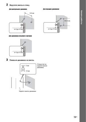 Page 1919RU
Начало работы
2Вкрутите винты в стену.
3Повесьте динамики на винты.
от 8 до 10 мм
145 мм Для центрального динамика
101,6 мм Для передних динамиков
от 8 до 10 мм
Для динамиков объемного звучания
от 8 до 10 мм
5 мм
10 ммОтверстие на 
задней панели 
динамика
Задняя панель динамика
DofnloaCЖC Fro2 TJЖatrЖSydtЖ2ЗManual.Vo2 Manuald 