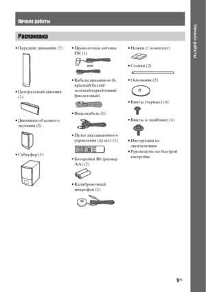 Page 99RU
Начало работыНачало работы
Распаковка
• Передние динамики (2)
• Центральный динамик 
(1)
• Динамики объемного 
звучания (2)
• Сабвуфер (1)• Проволочная антенна 
FM (1)
• Кабели динамиков (6, 
красный/белый/
зеленый/серый/синий/
фиолетовый)
• Видеокабель (1)
• Пульт дистанционного 
управления (пульт) (1)
• Батарейки R6 (размер 
AA) (2)
• Калибровочный 
микрофон (1)• Ножки (1 комплект)
• Стойки (2)
• Основания (2)
• Винты (черные) (4)
• Винты (с шайбами) (4)
• Инструкции по 
эксплуатации
• Руководство...