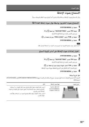 Page 11950AR
تﻮﺼﻟا ﺮﺛﺆﻣ 
ﺔﻃﺎﺣﻹا تﻮﺼﺑ عﺎﺘﻤﺘﺳﻻا 
.ً
ﺎﻘﺒﺴﻣ ﺔﺠﻣﱪﳌا مﺎﻈﻨﻟا تﻮﺻ عﺎﺿوأ ﺪﺣأ رﺎﻴﺘﺧﺎﺑ ﻚﻟذو ﺔﻃﺎﺴﺒﺑ ﺔﻃﺎﺣﻹا تﻮﺼﺑ عﺎﺘﻤﺘﺳﻻا ﻦﻜيم
5.1 ةﺎﻨﻘﻟا ﺔﻃﺎﺣإ تﻮﺻ ﺮﺛﺆﻣ ﺔﻄﺳاﻮﺑ نﻮﻳﺰﻔﻠﺘﻟا تﻮﺼﺑ عﺎﺘﻤﺘﺳﻻا 
.SYSTEM MENU رﺰﻟا ﻂﻐﺿا 1
.c وأ  ﻂﻐﺿا ﻢﺛ ،SUR.SETTING ﺪﻳﺪﺤﺘﻟ X/x ﻂﻐﺿا 2
.ﺔﻴﻣﺎﻣﻷا ﺔﺣﻮﻠﻟا ﺔﺷﺎﺷ ﰲ دﺪﺤﳌا ﴫﻨﻌﻟا ضﺮﻋ ﻢﺘﻳ
. رﺰﻟا ﻂﻐﺿا ﻢﺛ ﻦﻣو ،PRO LOGIC رﺎﻴﺘﺧﻻ X/x رﺰﻟا ﻂﻐﺿا 3
.SYSTEM MENU رﺰﻟا ﻂﻐﺿا 4
.ﻂﻘﻓ ﻰﻄﺳﻮﻟا ﺔﻋماﺴﻟا ﻦﻣ تﻮﺼﻟا رﺪﺼﻳ ،ﻮﻳيرﺘﺳا يرﻏ نﻮﻳﺰﻔﻠﺘﻟا ﺞﻣﺎﻧﺮﺑ تﻮﺻ نﻮﻜﻳ ﺎﻣﺪﻨﻋ  •
عماﺴﻟا ﺔﻳﻮﻟوأ سﺎﺳأ ﲆﻋ ﺔﻃﺎﺣﻹا تﻮﺻ تاداﺪﻋإ رﺎﻴﺘﺧا...