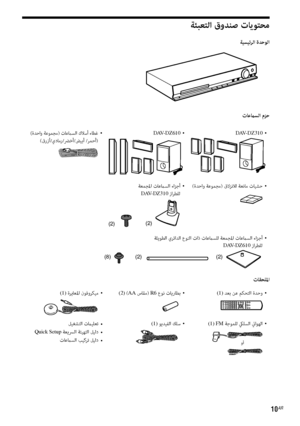 Page 15910AR
ﺔﺌﺒﻌﺘﻟا قوﺪﻨﺻ تﺎﻳﻮﺘﺤﻣ 
ﺔﻴﺴﻴﺋﺮﻟا ةﺪﺣﻮﻟا
تﺎﻋماﺴﻟا مﺰﺣ
DAV-DZ310 •DAV-DZ610 •(ةﺪﺣاو ﺔﻋﻮﻤﺠﻣ) تﺎﻋماﺴﻟا كﻼﺳأ ءﺎﻄﻏ •
(قرزأ/يدﺎﻣر/ﴬﺧأ/ﺾﻴﺑأ /ﺮﻤﺣأ)  
 
(ةﺪﺣاو ﺔﻋﻮﻤﺠﻣ) قﻻﺰﻧﻼﻟ ﺔﻌﻧﺎﻣ تﺎﻴﺸﺣ  
•ﺔﻌﻤﺠﳌا تﺎﻋماﺴﻟا ءاﺰﺟأ  •
DAV-DZ310
 زاﺮﻄﻠﻟ
(2)
 ﺔﻠﻳﻮﻄﻟا يﺮﺋاﺪﻟا عﻮﻨﻟا تاذ تﺎﻋماﺴﻠﻟ ﺔﻌﻤﺠﳌا تﺎﻋماﺴﻟا ءاﺰﺟأ  •
DAV-DZ610
 زاﺮﻄﻠﻟ
(2) (8) (2)
تﺎﻘﺤﻠﳌا
(1) ﺪﻌﺑ ﻦﻋ ﻢﻜﺤﺘﻟا ةﺪﺣو  •(2) (AA سﺎﻘﻣ) R6 عﻮﻧ تﺎﻳرﺎﻄﺑ  •(1) ةﺮﻳﺎﻌﳌا نﻮﻓوﺮﻜﻴﻣ  •
(1) FM ﺔﺟﻮﻤﻠﻟ كيﻠﺴﻟا ئياﻮﻬﻟا  •
وأ
(1) ﻮﻳﺪﻴﻔﻟا ﻚﻠﺳ  •ﻞﻴﻐﺸﺘﻟا تماﻴﻠﻌﺗ  •
Quick Setup ﺔﻌﻳﴪﻟا ﺔﺌﻴﻬﺘﻟا...