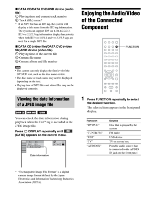 Page 4646GB
xDATA CD/DATA DVD/USB device (audio 
file)
1 Playing time and current track number
2 Track (file) name*
* If an MP3 file has an ID3 tag, the system will 
display a title name from the ID3 tag information.
The system can support ID3 ver 1.0/1.1/2.2/2.3.
ID3 ver 2.2/2.3 tag information display has priority 
when both ID3 ver 1.0/1.1 and ver 2.2/2.3 tags are 
used for a single MP3 file.
xDATA CD (video file)/DATA DVD (video 
file)/USB device (video file)
1 Playing time of the current file
2 Current...