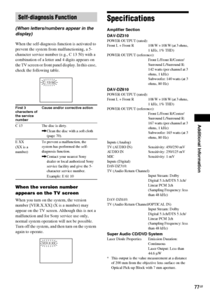 Page 77Additional Information
77GB
(When letters/numbers appear in the 
display)
When the self-diagnosis function is activated to 
prevent the system from malfunctioning, a 5-
character service number (e.g., C 13 50) with a 
combination of a letter and 4 digits appears on 
the TV screen or front panel display. In this case, 
check the following table.
When the version number 
appears on the TV screen
When you turn on the system, the version 
number [VER.X.XX] (X is a number) may 
appear on the TV screen....