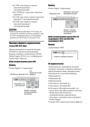 Page 5050RU
• [1:2\П]: звук правого канала 
звуковой дорожки 1 
(монофонический)
• [2:СТЕРЕО]: стереозвук звуковой 
дорожки 2
• [2:1\Л]: звук левого канала звуковой 
дорожки 2 (монофонический)
• [2:2\П]: звук правого канала 
звуковой дорожки 2 
(монофонический)
• При воспроизведении Super VCD диска, на 
котором не записана звуковая дорожка 2, звук 
не будет воспроизводиться, если выбраны 
режимы [2:СТЕРЕО], [2:1\Л] или [2:2\П].
Проверка формата аудиосигнала
(только DVD, DivX video)
При неоднократном нажатии...