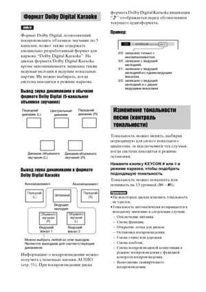 Page 114114RU
Формат Dolby Digital, позволяющий 
воспроизводить объемное звучание по 5 
каналам, может также содержать 
специально разработанный формат для 
караоке “Dolby Digital Karaoke”. На 
дисках формата Dolby Digital Karaoke 
кроме аккомпанемента записаны также 
ведущая мелодия и ведущие вокальные 
партии. Их можно выбирать, когда 
система находится в режиме караоке. 
Вывод звука динамиками в обычном 
формате Dolby Digital (5-канальное 
объемное звучание)
Вывод звука динамиками в формате 
Dolby Digital...