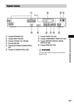 Page 147Дополнительная информация
147RU
AГнезда SPEAKER (31)
BГнездо EZW-T100 (34)
CГнездо COAXIAL 75Ω FM (36)
DPазъем AM (36)
EГнезда SAT/CABLE (AUDIO IN R/L) 
(34)
FГнезда TV (AUDIO IN R/L) (32)GГнездо VIDEO OUT (32)
HГнезда COMPONENT VIDEO OUT (32)
IГнездо DMPORT (DIGITAL MEDIA 
PORT) (34, 98)
JГнездо HDMI OUT (32)
*ОСТОРОЖНО
Не удаляйте винты перед установкой 
EZW-T100.
Задняя панель
CENTER SUBWOOFER
AUDIO INCOAXIAL 75
AM
FM
PB/CBPR/CRY
L R
FRONT R FRONT L SUR R SUR LSPEAKER
HDMI OUTVIDEO OUT...