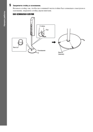 Page 1818RU
Начало работы
5Закрепите стойку в основании.
Вставьте стойку так, чтобы паз в нижней части стойки был совмещен с выступом в 
основании, закрепите стойку двумя винтами.
DAV-DZ665K/DAV-DZ670M
ОснованиеСтойка
,
Паз 
Винты 
(малые) Выступ
Dornloa9Ж9 FpoX TщЖatpЖSyetЖXгManual.6oX Manuale 