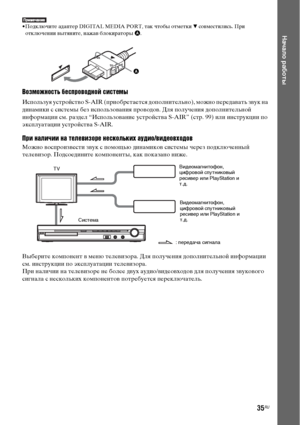 Page 3535RU
Начало работы
• Подключите адаптер DIGITAL MEDIA PORT, так чтобы отметки V совместились. При 
отключении вытяните, нажав блокираторы A.
Возможность беспроводной системы
Используя устройство S-AIR (приобретается дополнительно), можно передавать звук на 
динамики с системы без использования проводов. Для получения дополнительной 
информации см. раздел “Использование устройства S-AIR” (стр. 99) или инструкции по 
эксплуатации устройства S-AIR.
При наличии на телевизоре нескольких аудио/видеовходов...