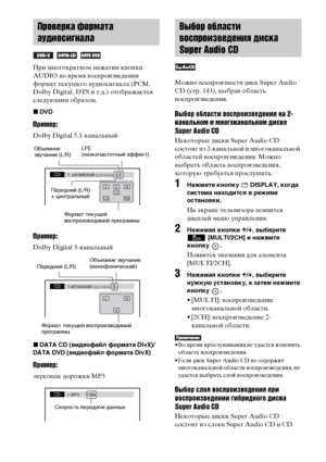 Page 5252RU
При многократном нажатии кнопки 
AUDIO во время воспроизведения 
формат текущего аудиосигнала (PCM, 
Dolby Digital, DTS и т.д.) отображается 
следующим образом.
xDVD
Пример:
Dolby Digital 5.1-канальный
Пример:
Dolby Digital 3-канальный
xDATA CD (видеофайл формата DivX)/
DATA DVD (видеофайл формата DivX)
Пример:
звуковые дорожки MP3Можно воспроизвести диск Super Audio 
CD (стр. 143), выбрав область 
воспроизведения.
Выбор области воспроизведения на 2-
канальном и многоканальном диске 
Super Audio CD...