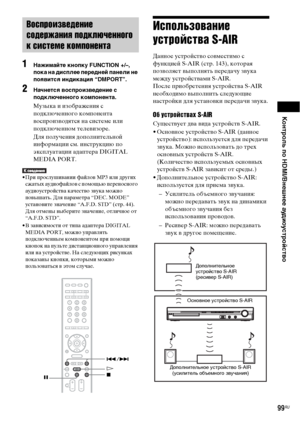 Page 99Контроль по HDMI/Внешнее аудиоустройство
99RU
1Нажимайте кнопку FUNCTION +/–, 
пока на дисплее передней панели не 
появится индикация “DMPORT”.
2Начнется воспроизведение с 
подключенного компонента.
Музыка и изображения с 
подключенного компонента 
воспроизводятся на системе или 
подключенном телевизоре.
Для получения дополнительной 
информации см. инструкцию по 
эксплуатации адаптера DIGITAL 
MEDIA PORT.
• При прослушивании файлов MP3 или других 
сжатых аудиофайлов с помощью переносного 
аудиоустройства...