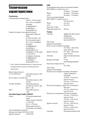 Page 140140RU
Технические 
характеристики
УсилительСтереорежим (номинально)
108 Вт + 108 Вт (при 3 
Ом, 1 кГц, суммарное 
значение 
коэффициента 
нелинейных 
искажений 1%)
Режим объемного звучания (базовый) 
Выходная мощность 
RMS
FL/FR/C/SL/SR*: 143 
Вт (для канала при 3 
Ом, 1 кГц, суммарное 
значение 
коэффициента 
нелинейных 
искажений 10 %)
Сабвуфер*: 285 Вт (при 
1,5 Ом, 80 Гц, 
суммарное значение 
коэффициента 
нелинейных 
искажений 10 %)
* Звук может отсутствовать в зависимости 
от параметров режима...