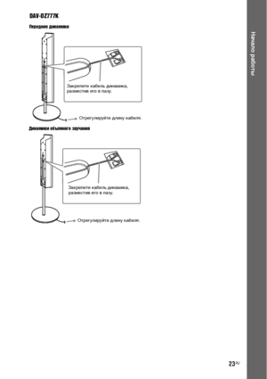 Page 2323RU
Начало работы
DAV-DZ777K
Передние динамики
Динамики объемного звучания
Отрегулируйте длину кабеля. Закрепите кабель динамика, 
разместив его в пазу.
Отрегулируйте длину кабеля. Закрепите кабель динамика, 
разместив его в пазу.
Dornloa9Ж9 FpoX TщЖatpЖSyetЖXгManual.6oX Manuale 