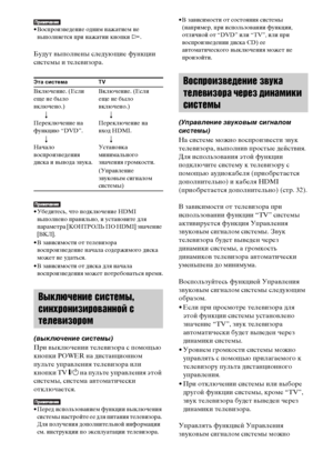 Page 8686RU
• Воспроизведение одним нажатием не 
выполняется при нажатии кнопки H.
Будут выполнены следующие функции 
системы и телевизора.
• Убедитесь, что подключение HDMI 
выполнено правильно, и установите для 
параметра [КОНТРОЛЬ ПО HDMI] значение 
[ВКЛ].
• В зависимости от телевизора 
воспроизведение начала содержимого диска 
может не удаться.
• В зависимости от диска для начала 
воспроизведения может потребоваться время.
(выключение системы)
При выключении телевизора с помощью 
кнопки POWER на...