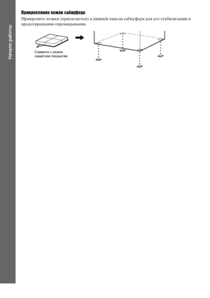 Page 1212RU
Начало работы
Прикрепление ножек сабвуфера
Прикрепите ножки (прилагаются) к нижней панели сабвуфера для его стабилизации и 
предотвращения опрокидывания.
,
Снимите с ножек 
защитное покрытие.
DofnloaCЖC Fro2 TJЖatrЖSydtЖ2ЗManual.Vo2 Manuald 