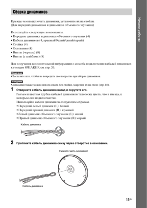 Page 1313RU
Начало работы
Прежде чем подключать динамики, установите их на стойки.
(Для передних динамиков и динамиков объемного звучания)
Используйте следующие компоненты.
• Передние динамики и динамики объемного звучания (4)
• Кабели динамиков (4, красный/белый/синий/серый)
• Стойки (4)
• Основания (4)
• Винты (черные) (8)
• Винты (с шайбами) (8)
Для получения дополнительной информации о способе подключения кабелей динамиков 
к гнездам SPEAKER см. стр. 20.
• Застелите пол, чтобы не повредить его покрытие при...