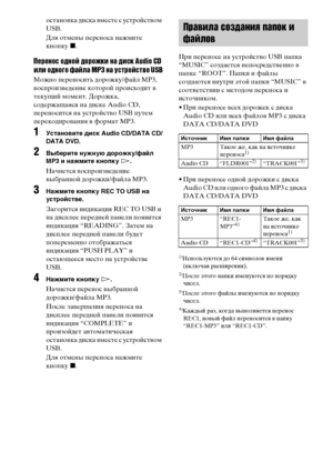 Page 8888RU
остановка диска вместе с устройством 
USB.
Для отмены переноса нажмите 
кнопку x.
Перенос одной дорожки на диск Audio CD 
или одного файла MP3 на устройство USB
Можно переносить дорожку/файл MP3, 
воспроизведение которой происходит в 
текущий момент. Дорожка, 
содержащаяся на диске Audio CD, 
переносится на устройство USB путем 
перекодирования в формат MP3.
1Установите диск Audio CD/DATA CD/
DATA DVD.
2Выберите нужную дорожку/файл 
MP3 и нажмите кнопку H.
Начнется воспроизведение 
выбранной...