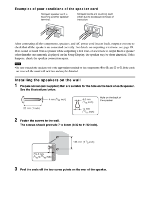 Page 2222GB
Examples of poor conditions of the speaker cord
After connecting all the components, speakers, and AC power cord (mains lead), output a test tone to 
check that all the speakers are connected correctly. For details on outputting a test tone, see page 89.
If no sound is heard from a speaker while outputting a test tone, or a test tone is output from a speaker 
other than the one currently displayed on the Setup Display, the speaker may be short-circuited. If this 
happens, check the speaker...