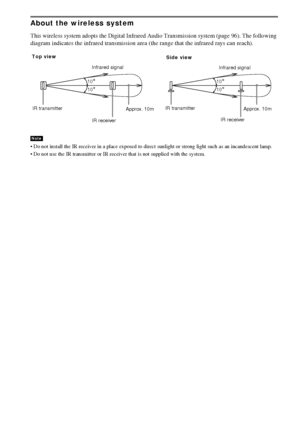 Page 2424GB
About the wireless system
This wireless system adopts the Digital Infrared Audio Transmission system (page 96). The following 
diagram indicates the infrared transmission area (the range that the infrared rays can reach).
 Do not install the IR receiver in a place exposed to direct sunlight or strong light such as an incandescent lamp. 
 Do not use the IR transmitter or IR receiver that is not supplied with the system.
Note
10
10
10
10
Infrared signal
IR transmitterInfrared signal
IR transmitter...