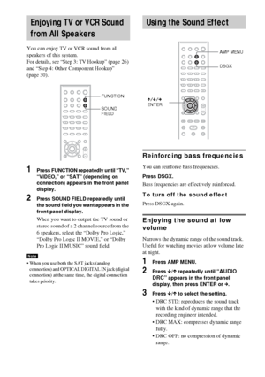 Page 6868GB
You can enjoy TV or VCR sound from all 
speakers of this system.
For details, see “Step 3: TV Hookup” (page 26) 
and “Step 4: Other Component Hookup” 
(page 30).
1Press FUNCTION repeatedly until “TV,” 
“VIDEO,” or “SAT” (depending on 
connection) appears in the front panel 
display.
2Press SOUND FIELD repeatedly until 
the sound field you want appears in the 
front panel display.
When you want to output the TV sound or 
stereo sound of a 2 channel source from the 
6 speakers, select the “Dolby Pro...