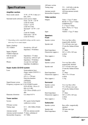 Page 95Additional Information
95GB
Amplifier section
Stereo mode (rated) 55 W + 55 W (3 ohms at 1 
kHz, DIN)
Surround mode (reference) music power output
Front: 143 W + 143 W
(with SS-TS46)
Center*: 143 W
(with SS-CT46)
Surround*: 143 W + 143 
W
(with SS-TS46B)
Subwoofer*: 285 W
(with SS-WS42)
* Depending on the sound field settings and the source, 
there may be no sound output.
Inputs (Analog)
TV, VIDEO Sensitivity: 450 mV
Impedance: 50 kilohmsInputs (Digital)
VIDEO (Optical)
SAT (Coaxial) Impedance: 75 ohms...