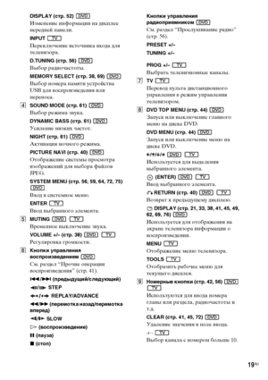 Page 1919RU
DISPLAY (стр. 52) 
Изменение информации на дисплее 
передней панели.
INPUT 
Переключение источника входа для 
телевизора.
D.TUNING (стр. 56) 
Выбор радиочастоты.
MEMORY SELECT (стр. 38, 69) 
Выбор номера памяти устройства 
USB для воспроизведения или 
переноса.
DSOUND MODE (стр. 61) 
Выбор режима звука.
DYNAMIC BASS (стр. 61) 
Усиление низких частот.
NIGHT (стр. 61) 
Активация ночного режима.
PICTURE NAVI (стр. 40) 
Отображение системы просмотра 
изображений для выбора файлов 
JPEG.
SYSTEM MENU...