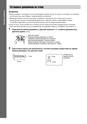 Page 2626RU
Начало работы
Внимание
• Консультацию о материале стен и необходимых винтах можно получить в магазине, где продают 
металлоизделия, или в фирме, занимающейся установкой.
• Выбирайте винты, соответствующие материалу и прочности стен. Поскольку стена из 
гипсокартона обладает повышенной хрупкостью, вкрутите винты в деревянную планку. 
Установите динамики на плоской вертикальной стене на закрепленной планке.
• Sony не несет ответственности за травмы или поломки вследствие неправильной установки,...