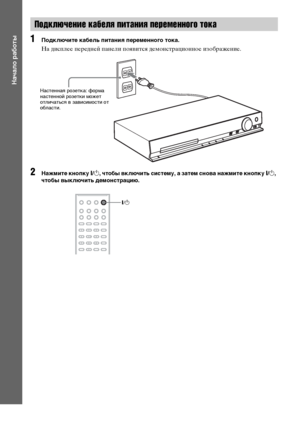 Page 3232RU
Начало работы
1Подключите кабель питания переменного тока.
На дисплее передней панели появится демонстрационное изображение.
2Нажмите кнопку "/1, чтобы включить систему, а затем снова нажмите кнопку "/1, 
чтобы выключить демонстрацию.
Подключение кабеля питания переменного тока
Настенная розетка: форма 
настенной розетки может 
отличаться в зависимости от 
области.
"/1
 