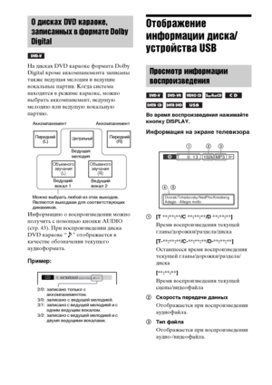 Page 5252RU
На дисках DVD караоке формата Dolby 
Digital кроме аккомпанемента записаны 
также ведущая мелодия и ведущие 
вокальные партии. Когда система 
находится в режиме караоке, можно 
выбрать аккомпанемент, ведущую 
мелодию или ведущую вокальную 
партию. 
Информацию о воспроизведении можно 
получить с помощью кнопки AUDIO 
(стр. 43). При воспроизведении диска 
DVD караоке “ ” отображается в 
качестве обозначения текущего 
аудиоформата.
Пример:
Отображение 
информации диска/
устройства USB
Во время...