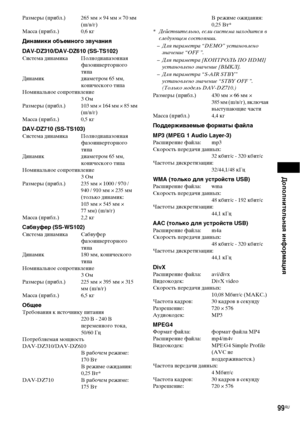 Page 99Дополнительная информация
99RU
Размеры (прибл.) 265 мм × 94 мм × 70 мм 
(ш/в/г)
Масса (прибл.) 0,6 кг
Динамики объемного звучания
DAV-DZ310/DAV-DZ610 (SS-TS102)
Система динамика Полнодиапазонная 
фазоинверторного 
типа
Динамик диаметром 65 мм, 
конического типа
Номинальное сопротивление
3 Ом
Размеры (прибл.) 103 мм × 164 мм × 85 мм 
(ш/в/г)
Масса (прибл.) 0,5 кг
DAV-DZ710 (SS-TS103)Система динамика Полнодиапазонная 
фазоинверторного 
типа
Динамик диаметром 65 мм, 
конического типа
Номинальное...