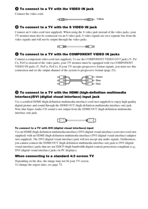 Page 2222GB
A To connect to a TV with the VIDEO IN jack
Connect the video cord..
B To connect to a TV with the S VIDEO IN jack
Connect an S video cord (not supplied). When using the S video jack instead of the video jacks, your 
TV monitor must also be connected via an S video jack. S video signals are on a separate bus from the 
video signals and will not be output through the video jacks.
C To connect to a TV with the COMPONENT VIDEO IN jacks
Connect a component video cord (not supplied). To use the COMPONENT...