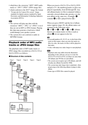 Page 4848GB
 which have the extension “.MP3” (MP3 audio 
track) or “.JPG”/“.JPEG” (JPEG image file)
 which conform to the DCF* image file format
* “Design rule for Camera File system”: Image 
standards for digital cameras regulated by Japan 
Electronics and Information Technology Industries 
Association (JEITA).
Note
 The system will play any data with the 
extension “.MP3,” “.JPG,” or “.JPEG” even if 
they are not in MP3 or JPEG format. Playing 
this data may generate a loud noise which 
could damage your...