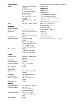 Page 8686GB
Video sectionOutputs VIDEO: 1 Vp-p 75 ohms
S VIDEO:
Y: 1 Vp-p 75 ohms
C: 0.286 Vp-p 75 ohms
COMPONENT:
Y: 1 Vp-p 75 ohms
PB/CB, PR/CR: 0.7 Vp-p 
75 ohms
HDMI OUT: Type A (19 
pin)
Inputs TV/VCR: 1 Vp-p 75 ohms
Speakers
Front/Surround
Speaker system Two-Way  Bass reflex
Speaker  unit Woofer: 70 × 100 mm cone 
type
Tweeter: 50 mm cone type
Rated impedance 3.0 ohms
Dimensions (approx.) 92 × 602 × 83 mm 
(w/h/d)
275 × 1,200 × 275 mm
(w/h/d) with stand (long)
275 × 800 × 275 mm
(w/h/d) with stand...