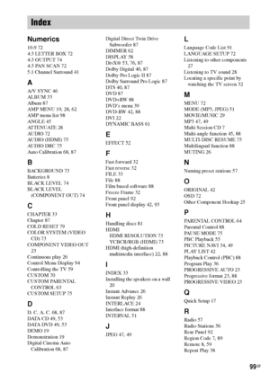 Page 9999GB
Numerics
16:9 72
4:3 LETTER BOX 72
4:3 OUTPUT 74
4:3 PAN SCAN 72
5.1 Channel Surround 41
A
A/V SYNC 46
ALBUM 33
Album 87
AMP MENU 19, 28, 62
AMP menu list 98
ANGLE 45
AT T E N U AT E  2 8
AUDIO 72
AUDIO (HDMI) 75
AUDIO DRC 75
Auto Calibration 68, 87
B
BACKGROUND 73
Batteries 8
BLACK LEVEL 74
BLACK LEVEL 
(COMPONENT OUT) 74
C
CHAPTER 33
Chapter 87
COLD RESET 79
COLOR SYSTEM (VIDEO 
CD) 73
COMPONENT VIDEO OUT 
23
Continuous play 26
Control Menu Display 94
Controlling the TV 59
CUSTOM 70
CUSTOM...