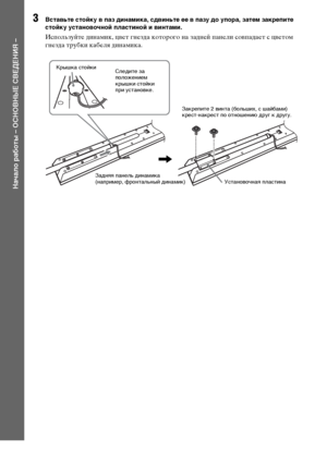 Page 1212RU
Начало работы – ОСНОВНЫЕ СВЕДЕНИЯ –
3Вставьте стойку в паз динамика, сдвиньте ее в пазу до упора, затем закрепите 
стойку установочной пластиной и винтами.
Используйте динамик, цвет гнезда которого на задней панели совпадает с цветом 
гнезда трубки кабеля динамика.
Следите за 
положением 
крышки стойки 
при установке.
,
Закрепите 2 винта (больших, с шайбами) 
крест-накрест по отношению друг к другу.
Установочная пластина Крышка стойки
Задняя панель динамика
(например, фронтальный динамик)
DoШnlo?dVd...