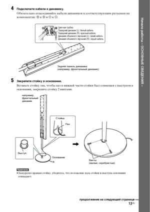 Page 1313RU
Начало работы – ОСНОВНЫЕ СВЕДЕНИЯ –
4Подключите кабели к динамику.
Обязательно подсоединяйте кабели динамиков к соответствующим разъемам на 
компонентах: 3 к 3 и # к #.
5Закрепите стойку в основании.
Вставьте стойку так, чтобы паз в нижней части стойки был совмещен с выступом в 
основании, закрепите стойку 2 винтами.
• Аккуратно вращая стойку, убедитесь, что положение паза стойки и выступа основания 
совпадают.
Задняя панель динамика
(например, фронтальный динамик)
Цветная трубка
Передний динамик...