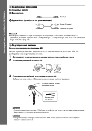 Page 1818RU
Начало работы – ОСНОВНЫЕ СВЕДЕНИЯ –
2 Подключение телевизора
Необходимые кабели
A Видеокабель.
B Аудиокабель (приобретается дополнительно)
• Если требуется вывести звук телевизора или стереозвук 2-канального источника через 6 
динамиков, выберите звуковое поле “Dolby Pro Logic”, “Dolby Pro Logic II MOVIE” или “Dolby Pro 
Logic II MUSIC” (стр. 38).
3 Подсоединение антенны
Подсоединение рамочной антенны AM
Форма и размеры антенны разработаны для приема сигналов диапазона AM. Не 
разбирайте и не...