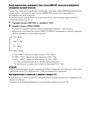 Page 2828RU
Выбор видеосигнала, выводимого через гнездо HDMI OUT (выход мультимедийного 
интерфейса высокой четкости)
После подсоединения устройства к телевизору с помощью кабеля HDMI выбирается тип 
видеосигнала, выводимого через гнездо HDMI OUT (выход мультимедийного 
интерфейса высокой четкости) 
Дополнительную информацию см. в руководстве по эксплуатации, прилагаемому к 
телевизору/проектору и т. п.
1Нажимая кнопку FUNCTION +/–, выберите “DVD”.
2Нажмите кнопку VIDEO FORMAT.
На дисплее передней панели...