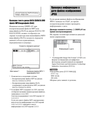 Page 112112RU
Проверка текста диска DATA CD/DATA DVD 
(файл MP3/видеофайл DivX)
Нажимая кнопку DISPLAY при 
воспроизведении файлов MP3 или 
видеофайлов DivX на дисках DATA CD/
DATA DVD, можно отобразить на 
экране телевизора имя папки/файла MP3/
видеофайла DivX и скорость передачи 
данных (объем аудиоданных, 
передаваемых в секунду).
* Появляется в следующих случаях.
– Воспроизведение файла MP3 на дисках 
DATA CD/DATA DVD.
– Воспроизведение видеофайла DivX, 
содержащего аудиосигналы MP3, на дисках 
DATA CD/DATA...