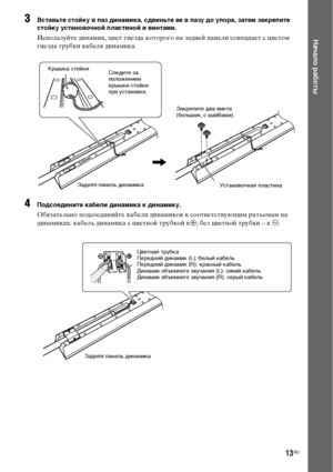 Page 1313RU
Начало работы
3Вставьте стойку в паз динамика, сдвиньте ее в пазу до упора, затем закрепите 
стойку установочной пластиной и винтами.
Используйте динамик, цвет гнезда которого на задней панели совпадает с цветом 
гнезда трубки кабеля динамика.
4Подсоедините кабели динамика к динамику.
Обязательно подсоединяйте кабели динамиков к соответствующим разъемам на 
динамиках: кабель динамика с цветной трубкой к3; без цветной трубки – к #.
Следите за 
положением 
крышки стойки 
при установке.
,
Задняя панель...