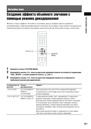 Page 33Настройка звука
33RU
Создание эффекта объемного звучания с 
помощью режима декодирования
Можно создать эффект объемного звучания, просто выбрав один из режимов 
декодирования, запрограммированных в системе. Благодаря этому можно наслаждаться 
захватывающим и мощным звучанием акустической системы кинотеатра у себя дома.
1Нажмите кнопку SYSTEM MENU.
2Нажимайте кнопку X/x, пока на дисплее передней панели не появится индикация 
“DEC. MODE”, а затем нажмите кнопку   или c.
3Нажимайте кнопку X/x, пока на...