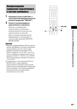 Page 89Контроль по HDMI/Внешнее аудиоустройство
89RU
1Нажимайте кнопку FUNCTION +/–, 
пока на дисплее передней панели не 
появится индикация “DMPORT”.
2Начнется воспроизведение с 
подключенного компонента.
Музыка и изображения с 
подключенного компонента 
воспроизводятся на системе или 
подключенном телевизоре.
Для получения дополнительной 
информации см. инструкцию по 
эксплуатации адаптера DIGITA 
MEDIA PORT.
• При прослушивании файлов MP3 или других 
сжатых аудиофайлов с помощью переносного 
аудиоустройства...