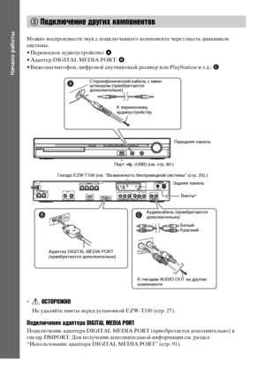 Page 24masterpage:Left
specdef v20080116 filename[E:\SS2008\Models\DSR9KDWC\3875154111\3875154111_DAV-
DZ970WA\RU04gst.fm]
 model name [DAV-DZ970WA]
 [3-875-154-11(1)]
24RU
Начало работы
Можно воспроизвести звук с подключенного компонента через шесть динамиков 
системы.
• Переносное аудиоустройство: A
• Адаптер DIGITAL MEDIA PORT: B
• Видеомагнитофон, цифровой спутниковый ресивер или PlayStation и т.д.: C*
ОСТОРОЖНО
Не удаляйте винты перед установкой EZW-T100 (стр. 27).Подключение адаптера DIGITAL MEDIA...