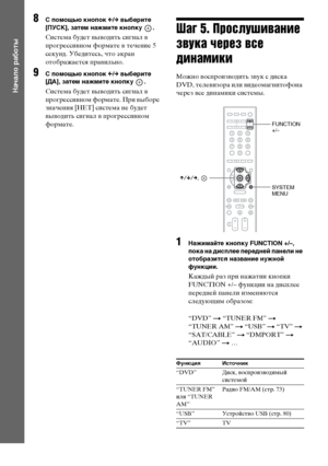 Page 34masterpage:Left
specdef v20080116 filename[E:\SS2008\Models\DSR9KDWC\3875154111\3875154111_DAV-
DZ970WA\RU04gst.fm]
 model name [DAV-DZ970WA]
 [3-875-154-11(1)]
34RU
Начало работы
8
С помощью кнопок C/c выберите 
[ПУСК], затем нажмите кнопку  .Система будет выводить сигнал в 
прогрессивном формате в течение 5 
секунд. Убедитесь, что экран 
отображается правильно.
9
С помощью кнопок C/c выберите 
[ДА], затем нажмите кнопку  .Система будет выводить сигнал в 
прогрессивном формате. При выборе 
значения...