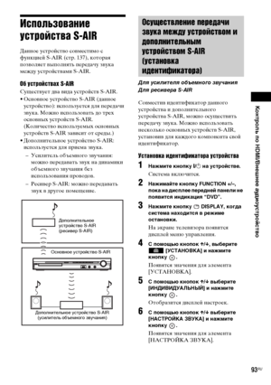 Page 93Контроль по HDMI/Внешнее аудиоустройство
masterpage:Right
specdef v20070110 filename[E:\SS2008\Models\DSR9KDWC\3875154111\3875154111_DAV-
DZ970WA\RU08ext.fm]
 model name [DAV-DZ970WA]
 [3-875-154-11(1)]
93RU
Использование 
устройства S-AIRДанное устройство совместимо с 
функцией S-AIR (стр. 137), которая 
позволяет выполнять передачу звука 
между устройствами S-AIR. Об устройствах S-AIRСуществует два вида устройств S-AIR.
• Основное устройство S-AIR (данное 
устройство): используется для передачи 
звука....