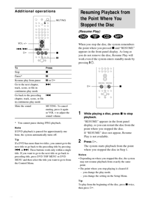 Page 2222GB
Additional operations
* You cannot pause during JPEG playback.
Note
If DVD playback is paused for approximately one 
hour, the system automatically turns off.
Tip
If a DVD has more than two titles, you cannot go to the 
next title or go back to the preceding title by pressing 
. or >. These buttons work only within a single 
title. If you want to go to the next title or go back to 
preceding title, press DVD TOP MENU or DVD 
MENU and then select the title you want to go to from 
the Control Menu....