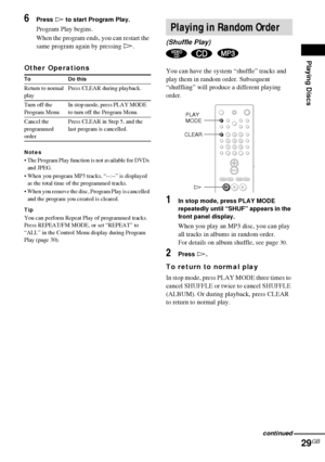 Page 29Playing Discs
29GB
6Press H to start Program Play.
Program Play begins.
When the program ends, you can restart the 
same program again by pressing H.
Other Operations
Notes
 The Program Play function is not available for DVDs 
and JPEG.
 When you program MP3 tracks, “--:--” is displayed 
as the total time of the programmed tracks.
 When you remove the disc, Program Play is cancelled 
and the program you created is cleared.
Tip
You can perform Repeat Play of programmed tracks. 
Press REPEAT/FM MODE, or...