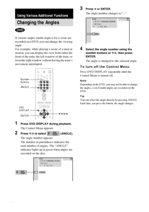 Page 4444GB
If various angles (multi-angles) for a scene are 
recorded on a DVD, you can change the viewing 
angle.
For example, while playing a scene of a train in 
motion, you can display the view from either the 
front of the train, the left window of the train, or 
from the right window without having the train’s 
movement interrupted.
1Press DVD DISPLAY during playback.
The Control Menu appears.
2Press X/x to select   (ANGLE).
The angle number appears.
The number in parentheses indicates the 
total number...